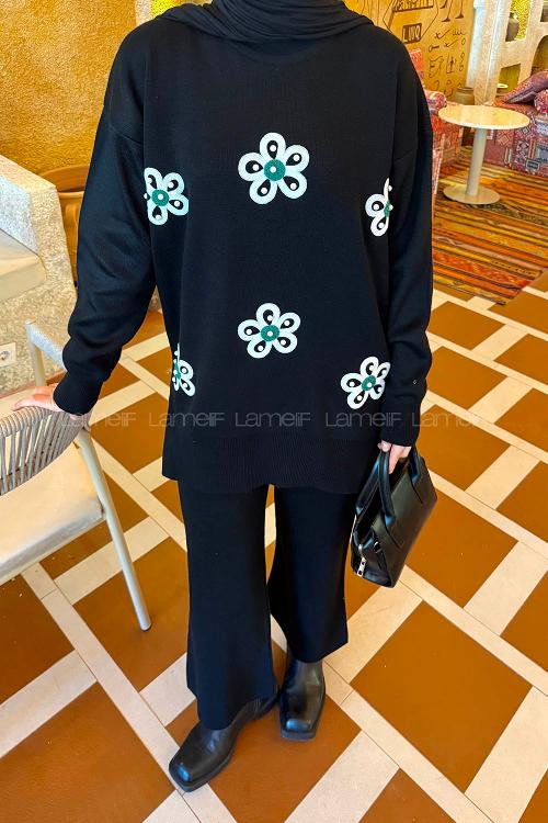 Lamelif İnci Detaylı Triko Takım Siyah