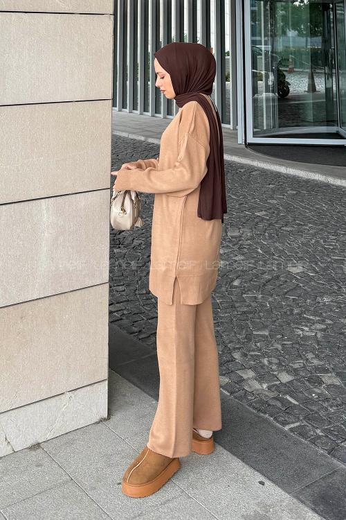 Lamelif İnci İşlemeli Tesettür Takım Camel