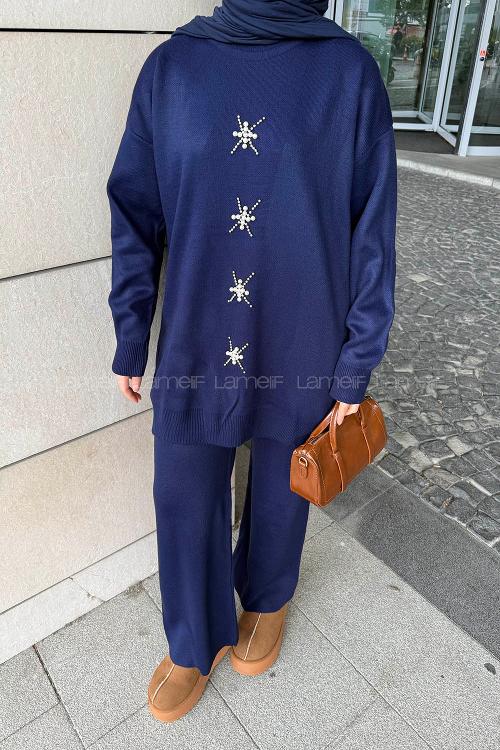 Lamelif İnci İşlemeli Tesettür Takım Lacivert