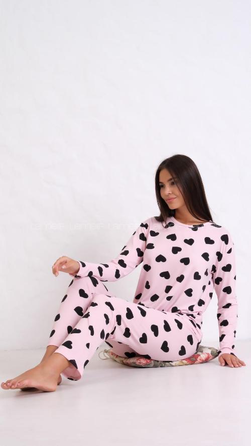 Lamelif Kalp Detaylı Pijama Takımı Pudra Rengi