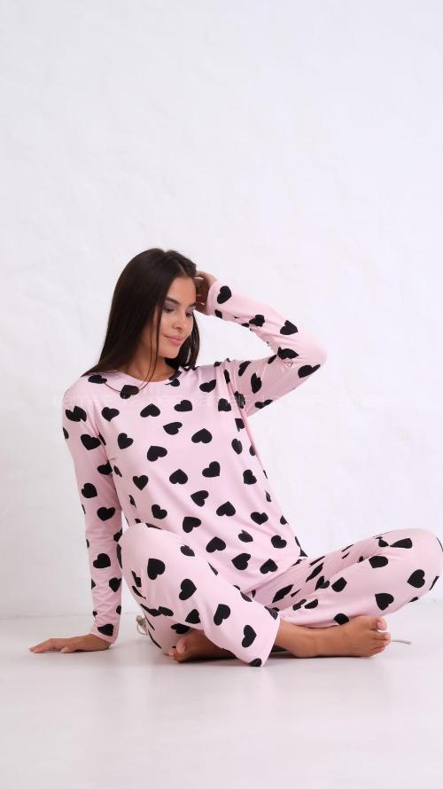 Lamelif Kalp Detaylı Pijama Takımı Pudra Rengi