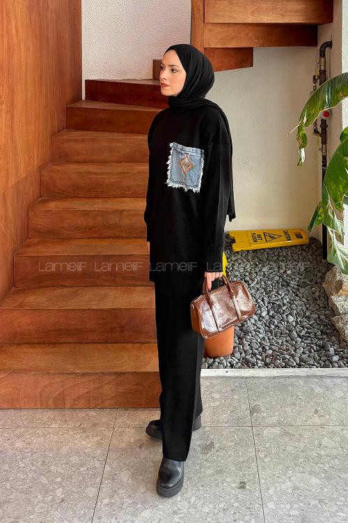 Lamelif Cep Detaylı Triko Takım Siyah