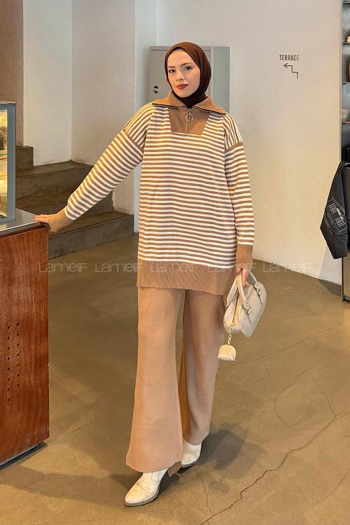 Lamelif Çizgili Balıkçı Yaka Triko Takım Camel