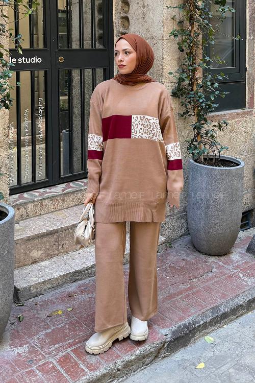 Lamelif Desenli Triko Takım Camel