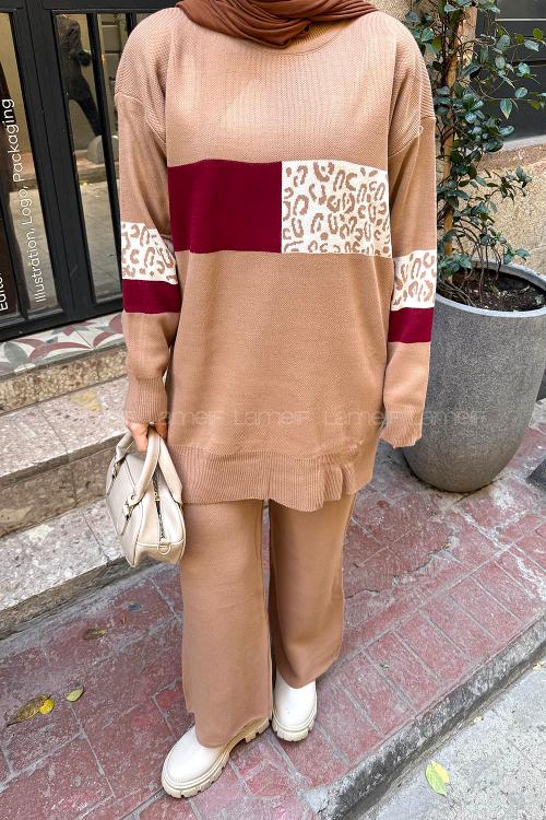 Lamelif Desenli Triko Takım Camel