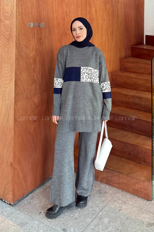 Lamelif Desenli Triko Takım Füme