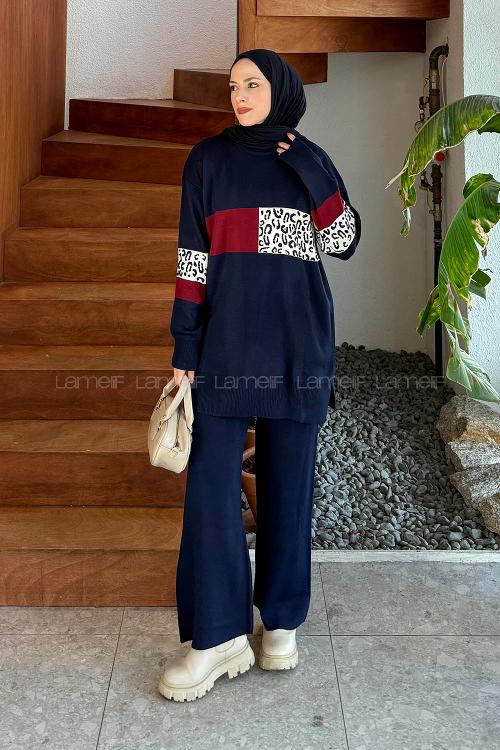 Lamelif Desenli Triko Takım Lacivert