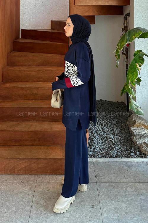 Lamelif Desenli Triko Takım Lacivert