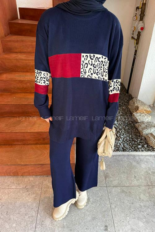 Lamelif Desenli Triko Takım Lacivert