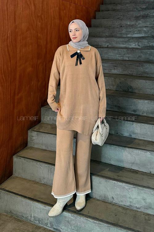 Lamelif Kurdela Detaylı Triko Takım Camel