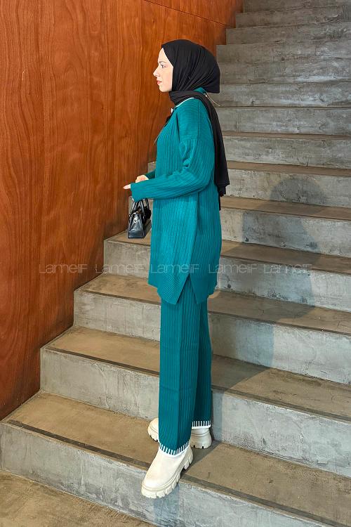 Lamelif Kurdela Detaylı Triko Takım Zümrüt