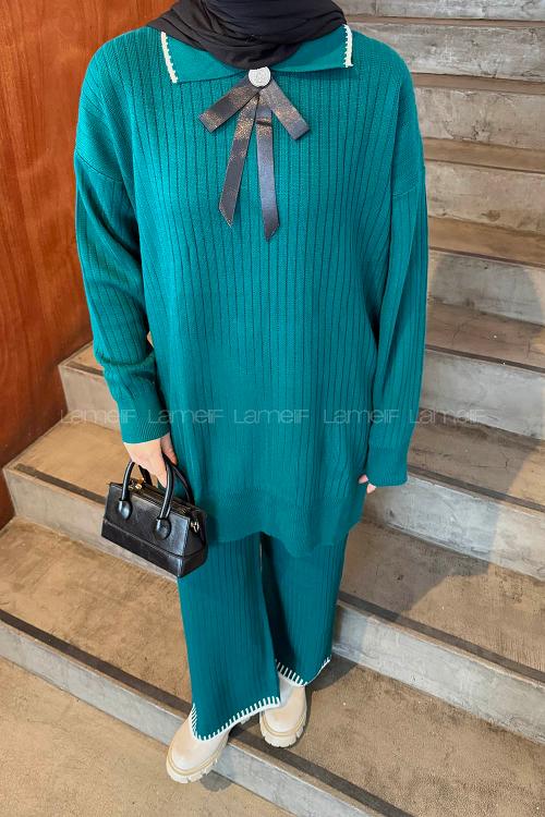 Lamelif Kurdela Detaylı Triko Takım Zümrüt
