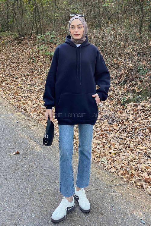 Lamelif Üç İplik Kanguru Cep Sweatshirt Lacivert