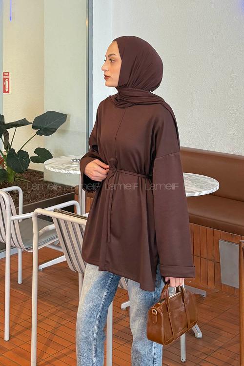 Lamelif Bağlama Detaylı Sweat Acı Kahve