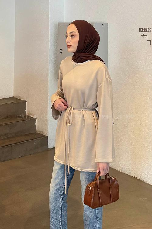 Lamelif Bağlama Detaylı Sweat Bej