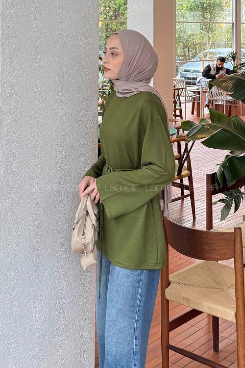 Lamelif Bağlama Detaylı Sweat Fıstık Yeşili