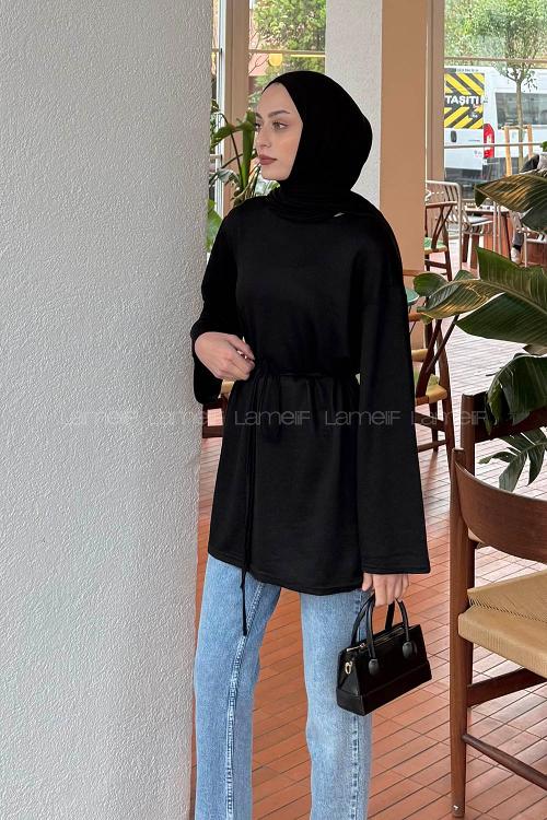 Lamelif Bağlama Detaylı Sweat Siyah