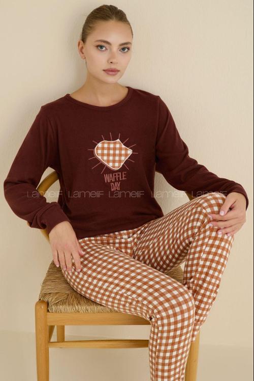 Lamelif Bisiklet Yaka Luxury Thermal Pijama Takımı Kahverengi