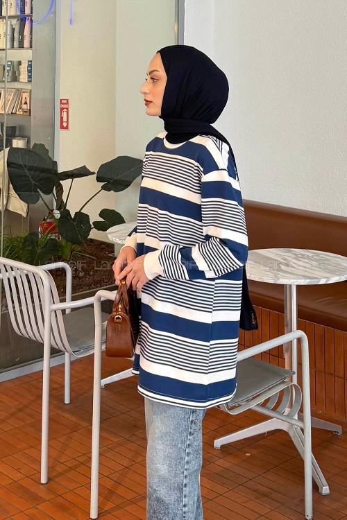 Lamelif Çizgili Sweat Lacivert