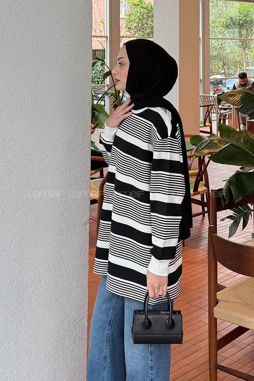 Lamelif Çizgili Sweat Siyah