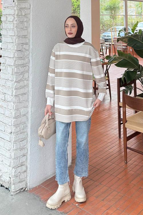 Lamelif Çizgili Sweat Vizonrengi