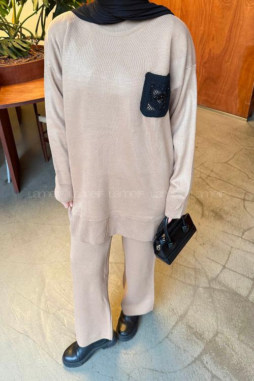 Lamelif Dantel Cep Detaylı Triko Takım Camel