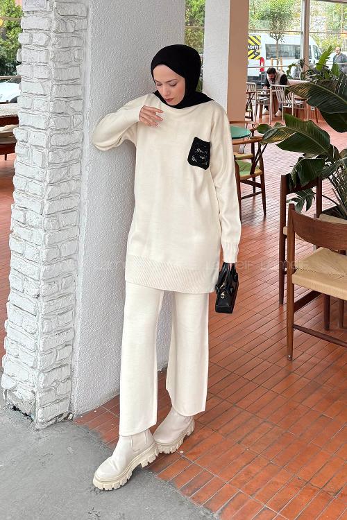 Lamelif Dantel Cep Detaylı Triko Takım Krem