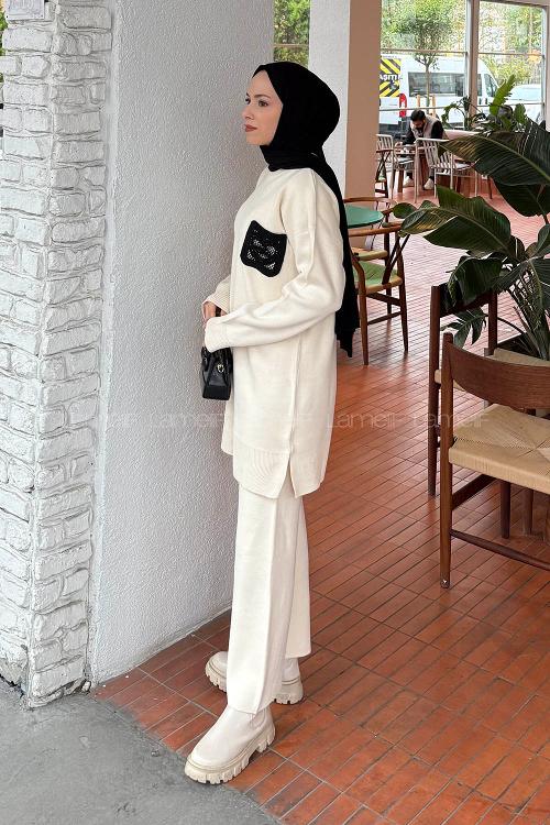 Lamelif Dantel Cep Detaylı Triko Takım Krem