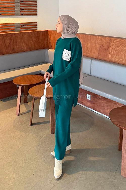 Lamelif Dantel Cep Detaylı Triko Takım Zümrüt Yeşili