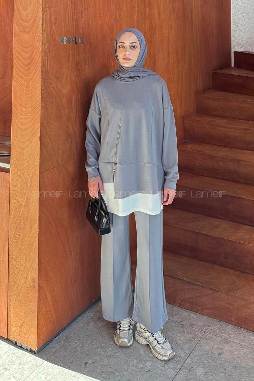 Lamelif Fermuarlı Garnili Takım Gri