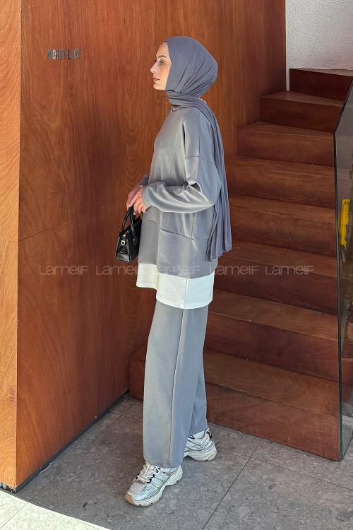 Lamelif Fermuarlı Garnili Takım Gri