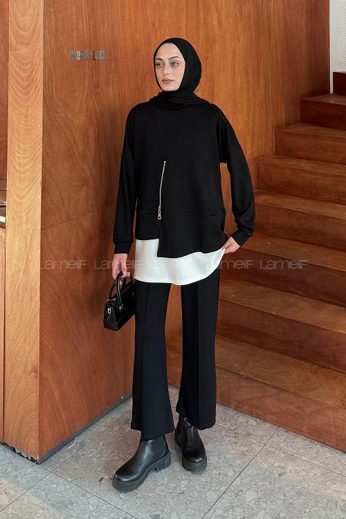 Lamelif Fermuarlı Garnili Takım Siyah