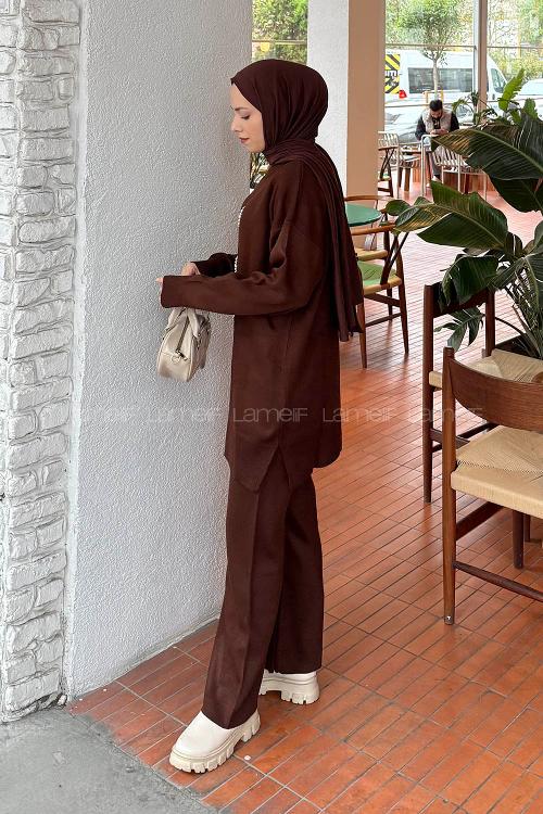 Lamelif İnci İşlemeli Tesettür Takım Acı Kahve