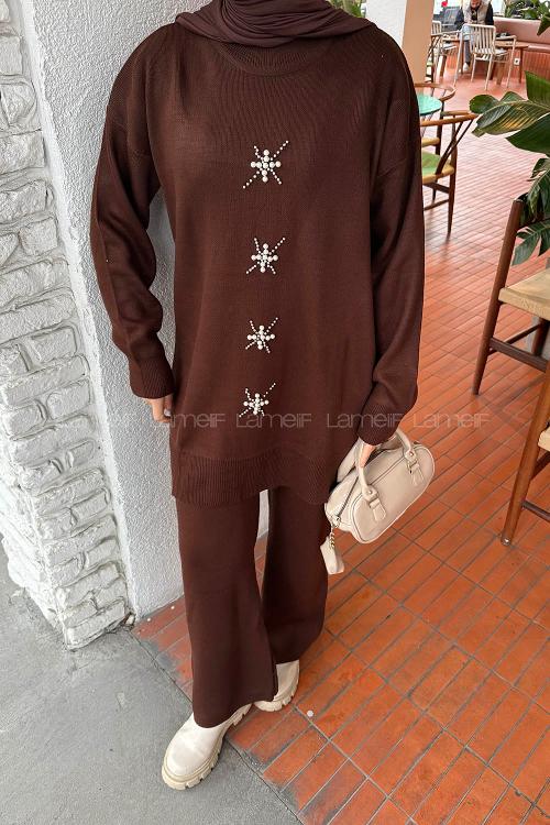 Lamelif İnci İşlemeli Tesettür Takım Acı Kahve