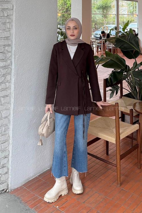 Lamelif Yan Bağlama Detaylı Ceket Acı Kahve