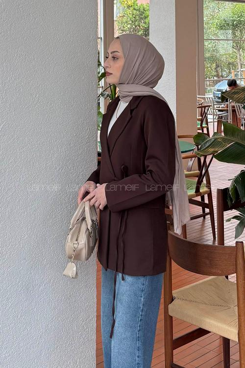 Lamelif Yan Bağlama Detaylı Ceket Acı Kahve