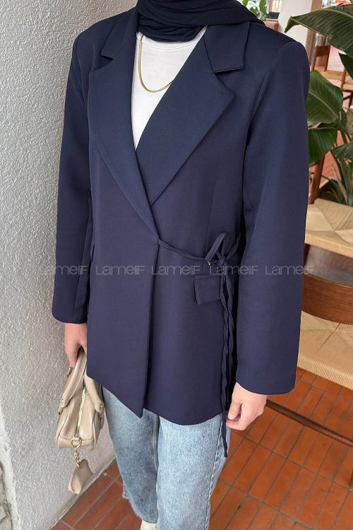 Lamelif Yan Bağlama Detaylı Ceket Lacivert