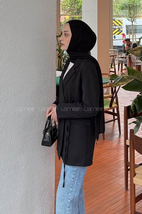 Lamelif Yan Bağlama Detaylı Ceket Siyah