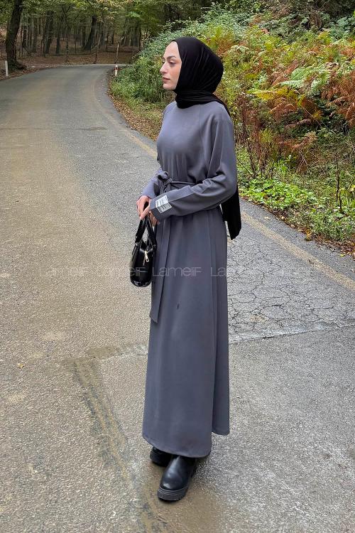 Lamelif Arma Detaylı Elbise Antrasit