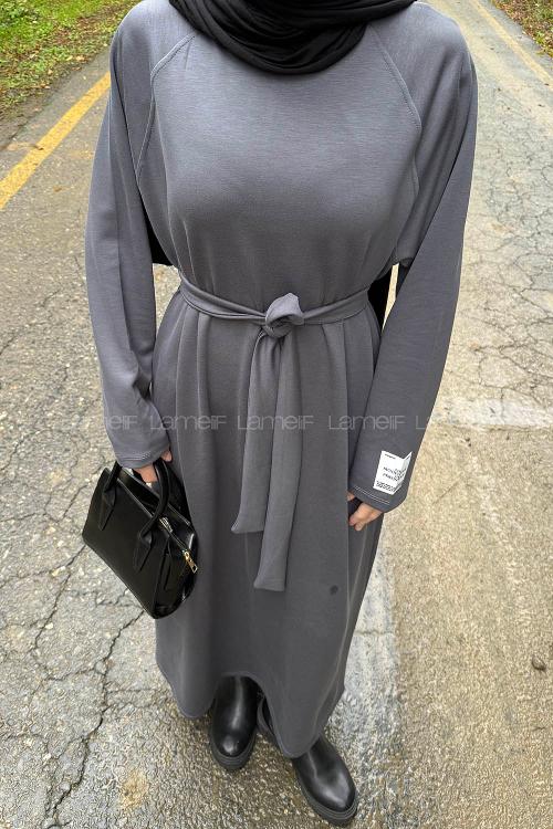 Lamelif Arma Detaylı Elbise Antrasit