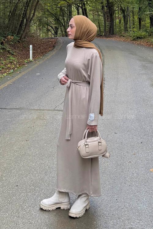 Lamelif Arma Detaylı Elbise Bej