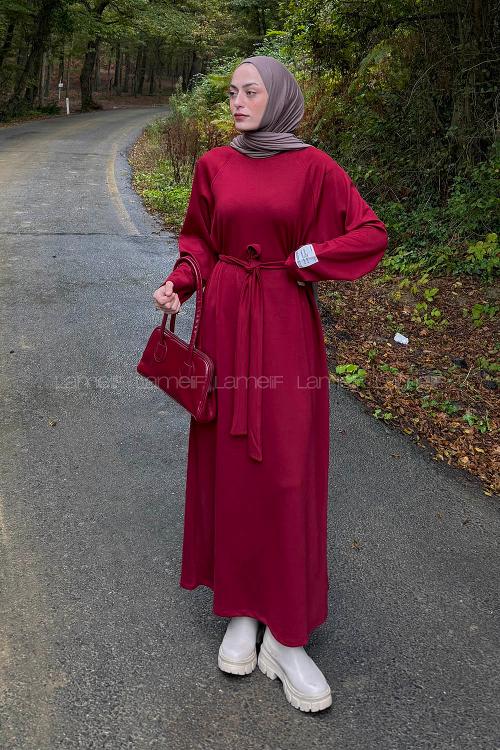 Lamelif Arma Detaylı Elbise Bordo