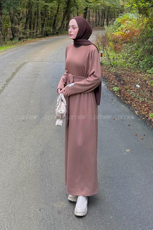 Lamelif Arma Detaylı Elbise Soft Kahve