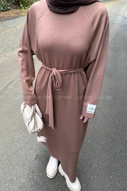 Lamelif Arma Detaylı Elbise Soft Kahve