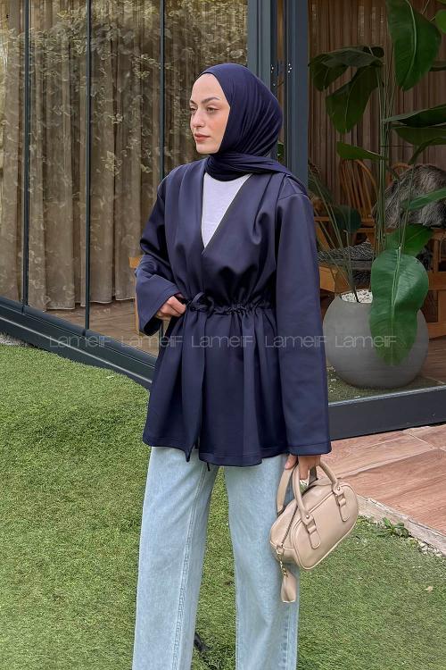 Lamelif Bağlama Detaylı Ceket Lacivert