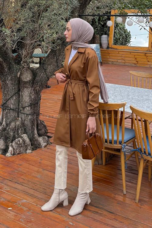 Lamelif Kol Manşet Lastikli Trençkot Taba