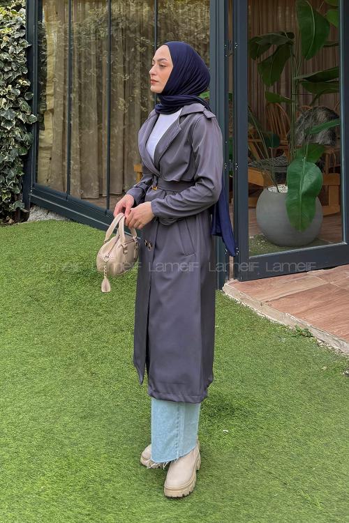 Lamelif Kuşaklı Omuz Apoletli Trençkot Antrasit