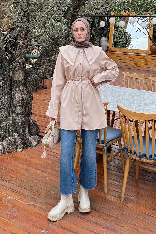 Lamelif Sivri Yaka Gömlek Krem