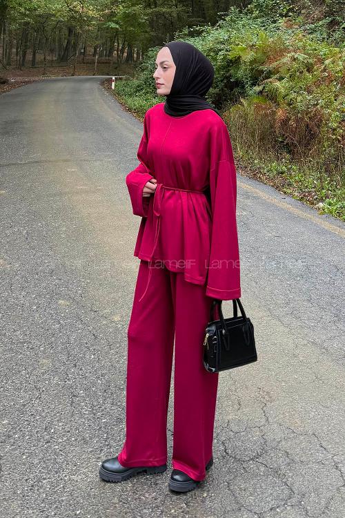 Lamelif Yırtmaç Detaylı Oysho Pantolonlu Takım Bordo