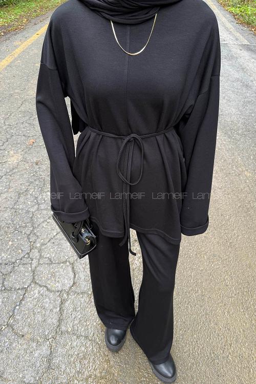 Lamelif Yırtmaç Detaylı Oysho Pantolonlu Takım Siyah